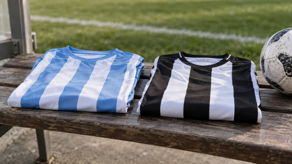 Dos camisetas genéricas de fútbol, una celeste y blanca y otra negra y blanca, junto a una pelota.