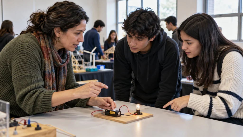 Una divulgadora y dos estudiantes observan un circuito eléctrico de baja tensión en una mesa de demostración.