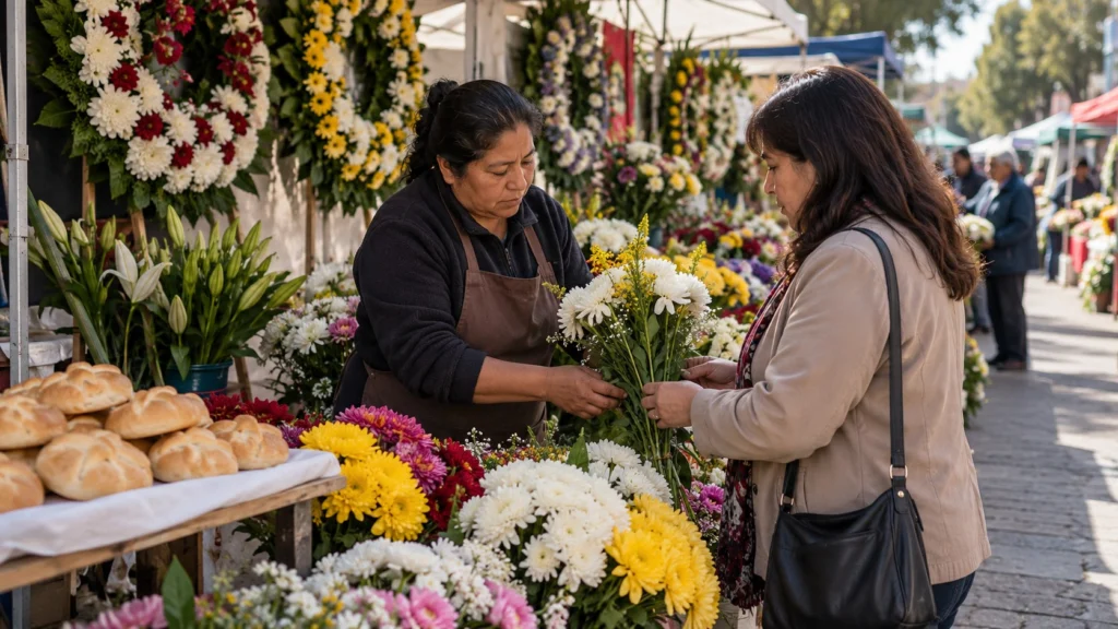 Dos mujeres eligen un ramo en un puesto con flores, coronas y panes.
