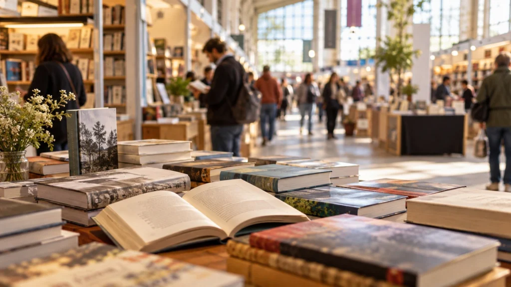 Libros abiertos y cerrados sobre una mesa, con lectores y stands al fondo.