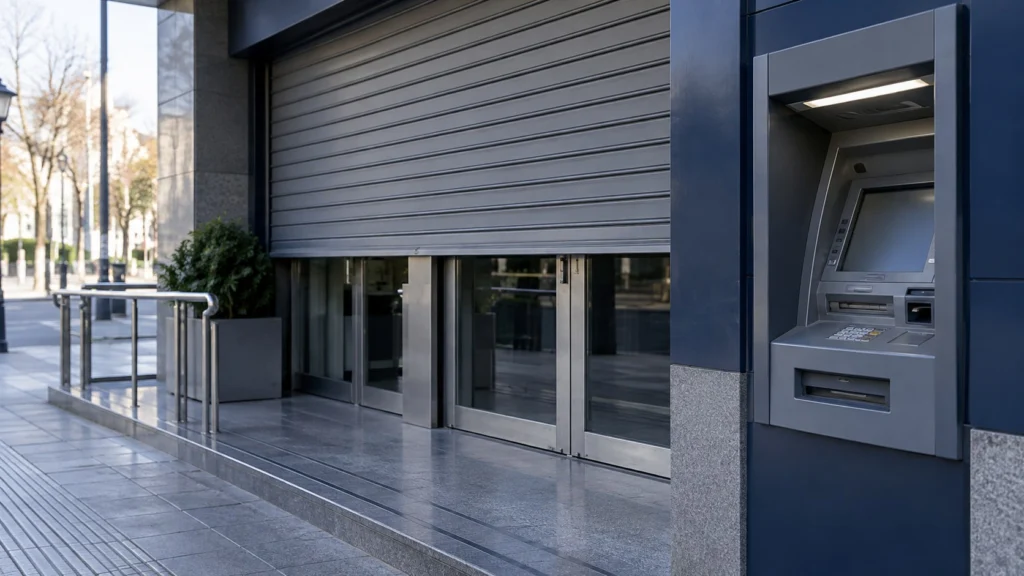 Cajero automático junto a la entrada cerrada de una sucursal bancaria genérica.
