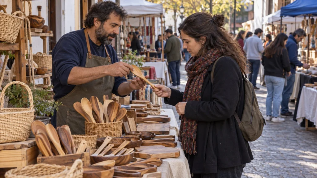 Un artesano muestra una cuchara de madera a una visitante entre puestos de una feria