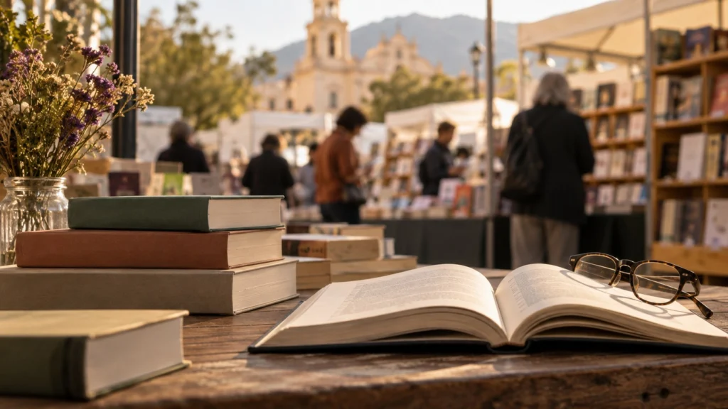 Libro abierto y anteojos sobre una mesa, con puestos de una feria literaria al fondo.