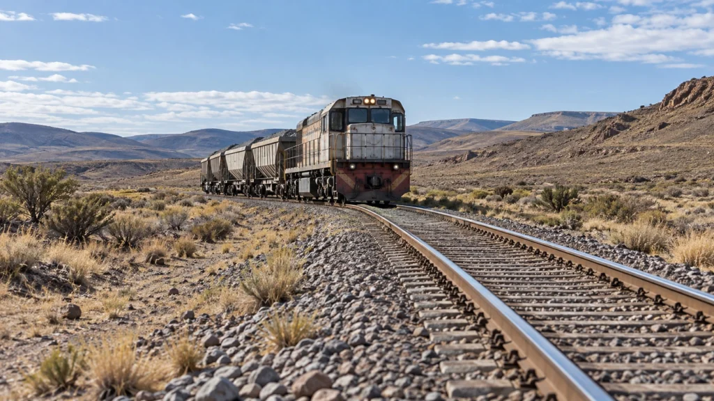 Ilustración generada con IA de una locomotora con vagones de carga sobre vías en un paisaje árido genérico.