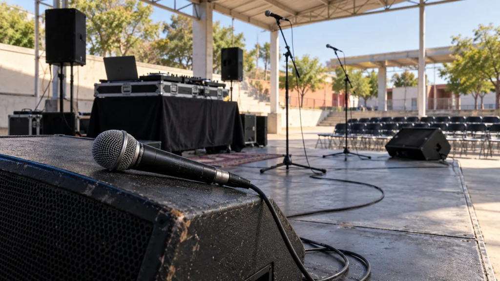 Un micrófono sobre un monitor de sonido, con una consola y un escenario vacío al fondo