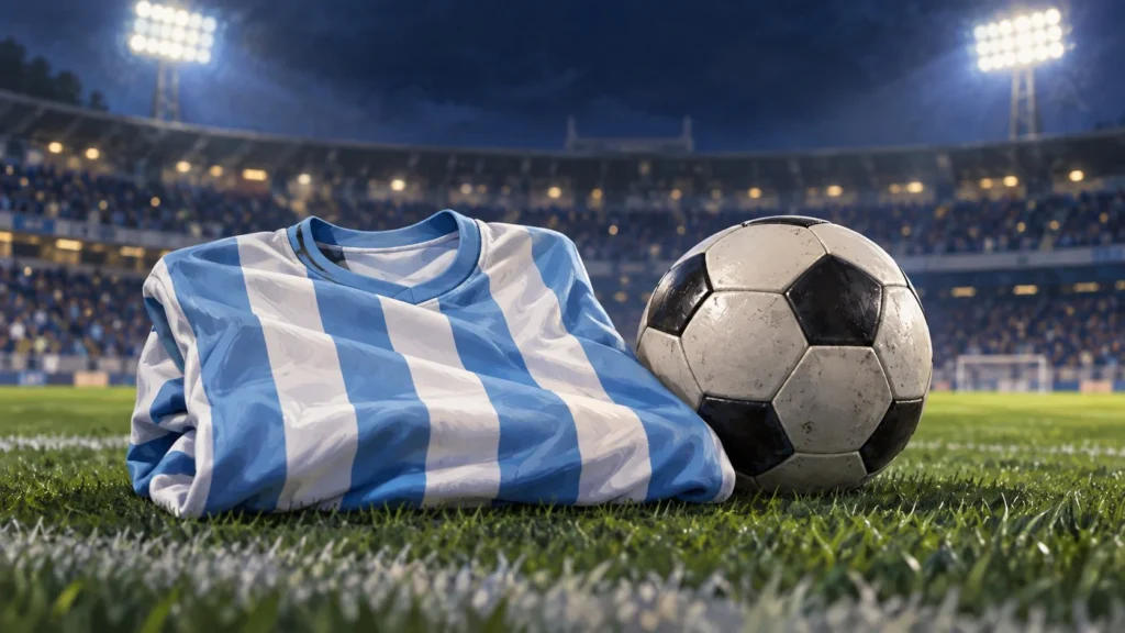 Ilustración de una camiseta celeste y blanca junto a una pelota en un estadio iluminado.