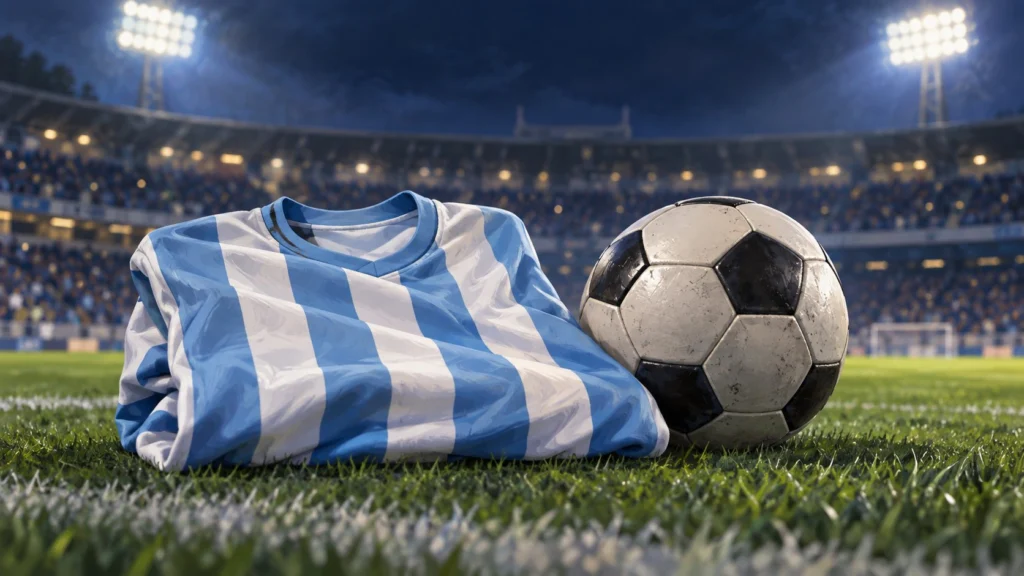 Ilustración de una camiseta celeste y blanca junto a una pelota en una cancha de fútbol.