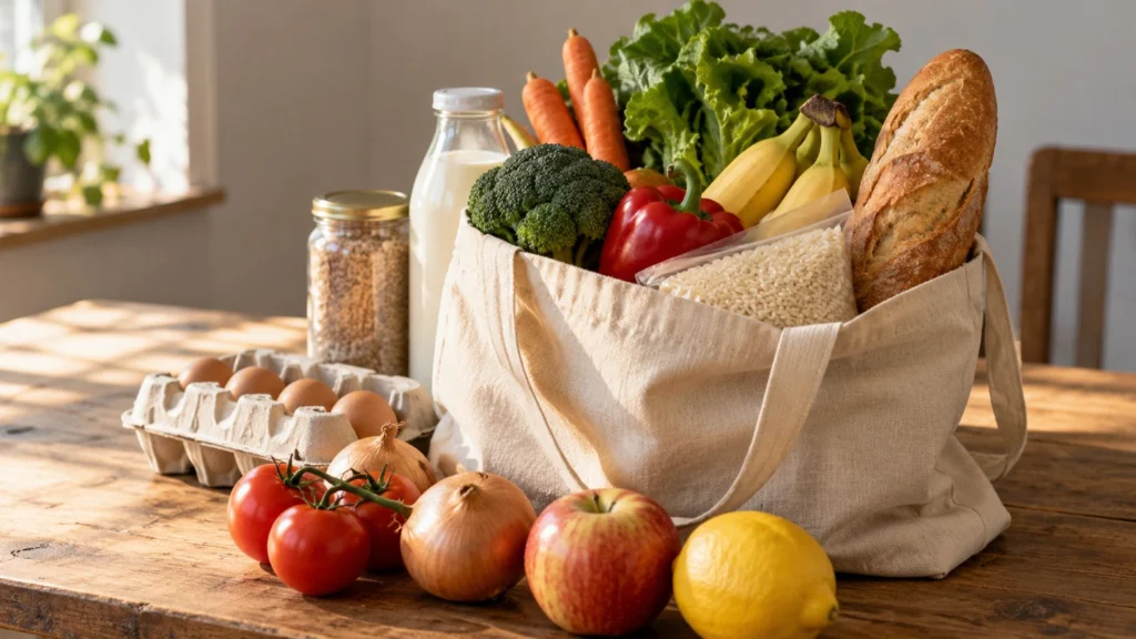 Bolsa de tela con pan, frutas, verduras y alimentos sobre una mesa.
