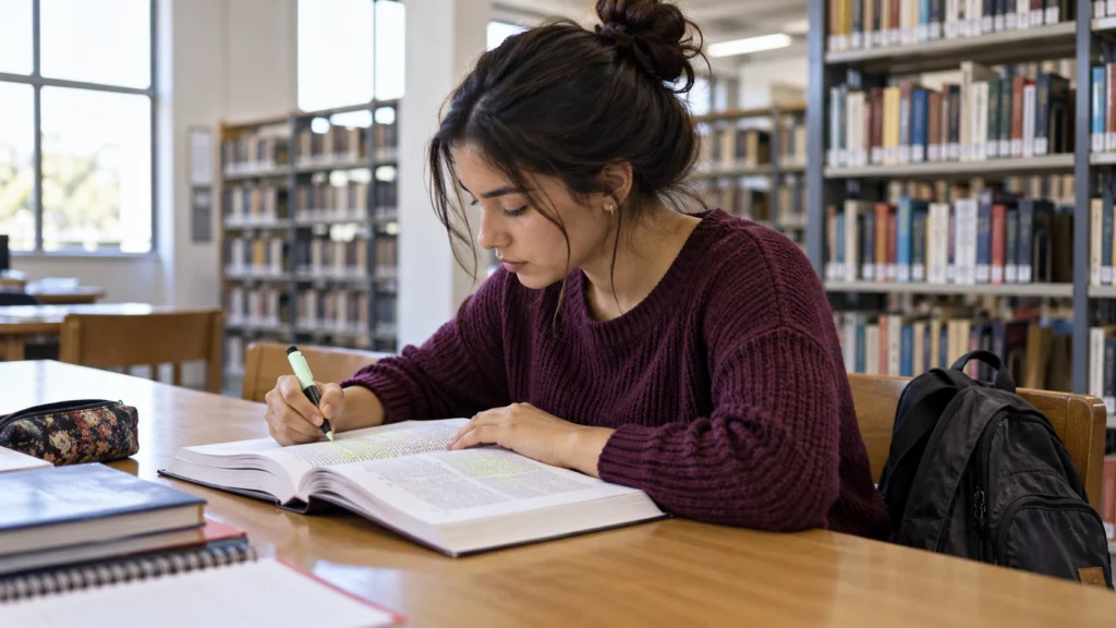 Una estudiante adulta lee y marca un libro de estudio en una mesa de biblioteca