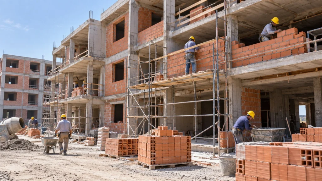 Obreros con cascos trabajan en paredes de ladrillo de edificios de departamentos sin terminar.