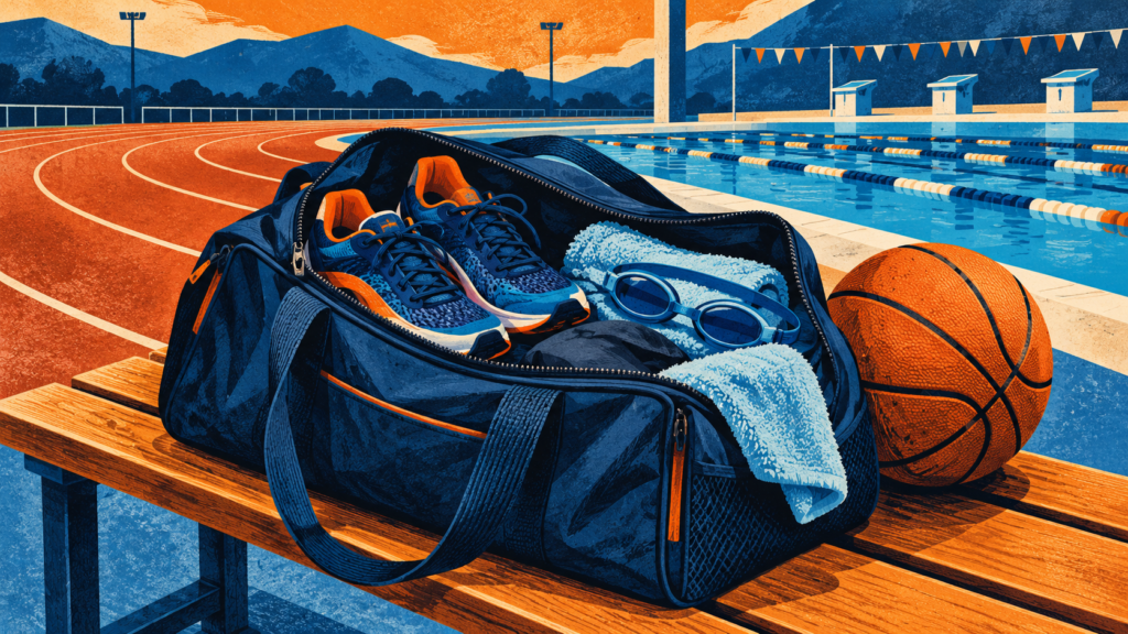 Ilustración de un bolso con zapatillas y gafas de natación, junto a una pelota de básquet.