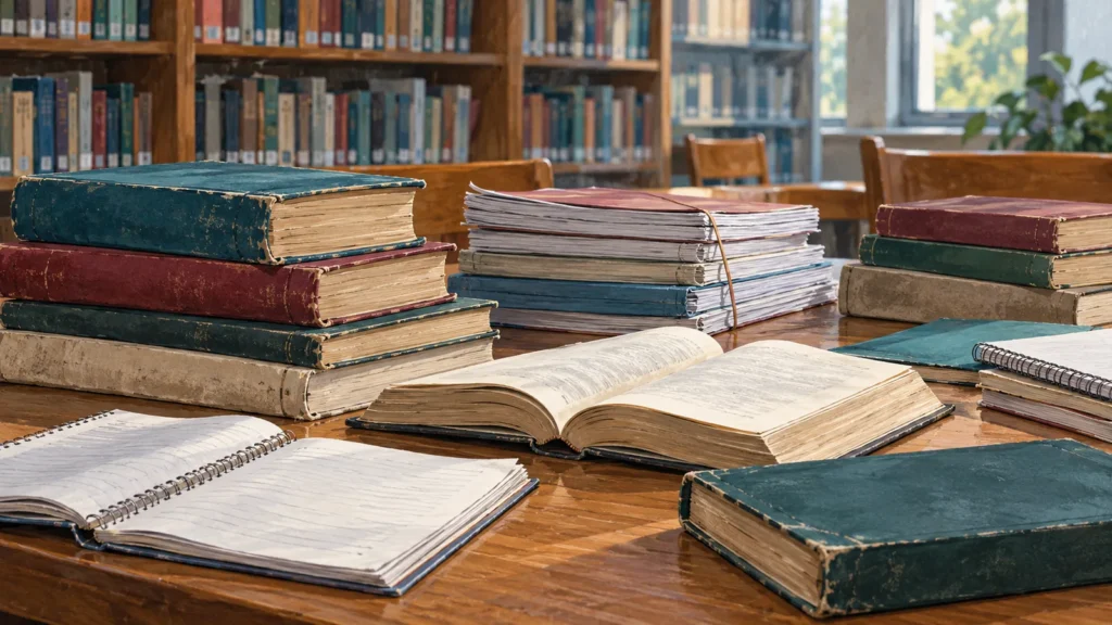 Ilustración generada con IA de libros usados, cuadernos y apuntes apilados sobre una mesa de biblioteca.