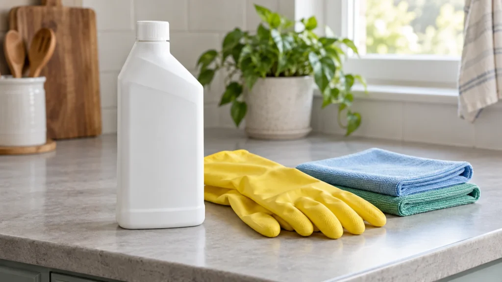 Botella blanca sin etiqueta junto a guantes amarillos y paños de limpieza sobre una mesada