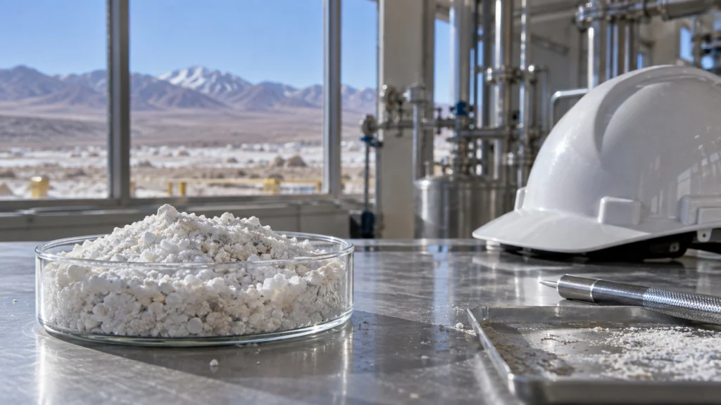 Material mineral blanco en una bandeja de vidrio junto a un casco industrial y paisaje andino.