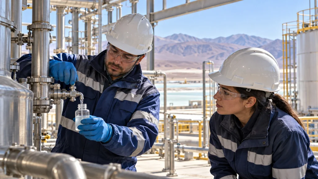 Dos técnicos con cascos y gafas observan la toma de una muestra líquida junto a tuberías y tanques industriales.