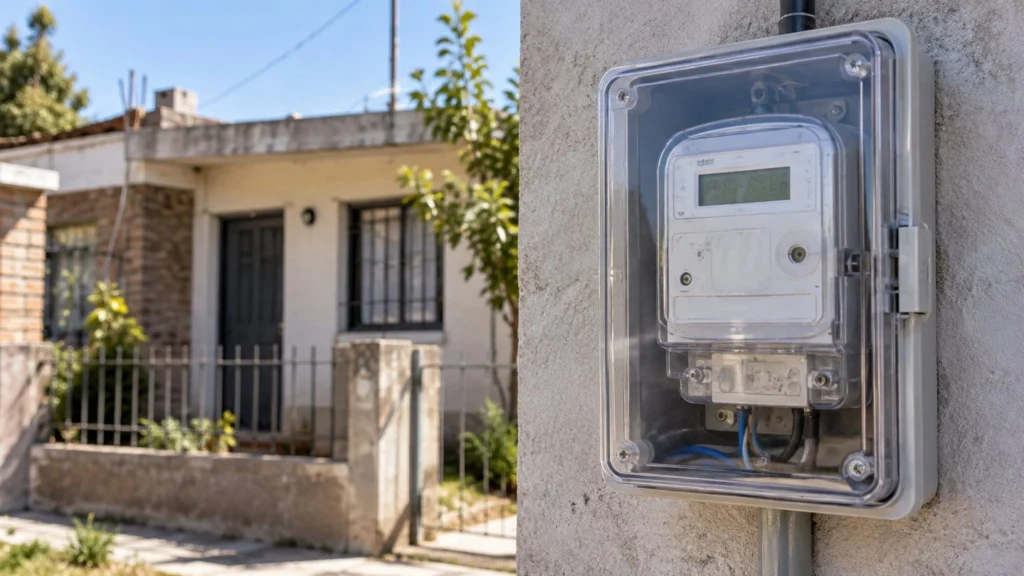 Medidor eléctrico residencial dentro de un gabinete cerrado en una pared exterior.