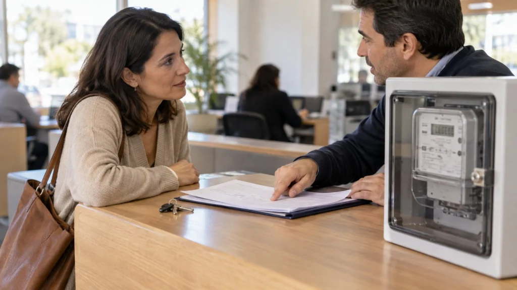Una mujer consulta un trámite en un mostrador junto a un medidor eléctrico de muestra.