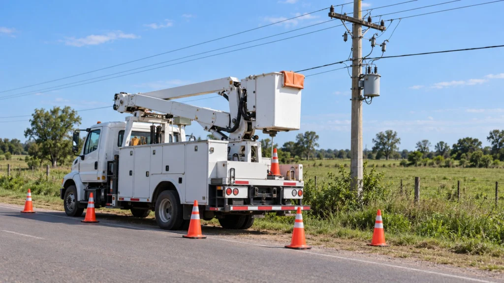 Camión con plataforma elevadora estacionado junto a un poste eléctrico y conos