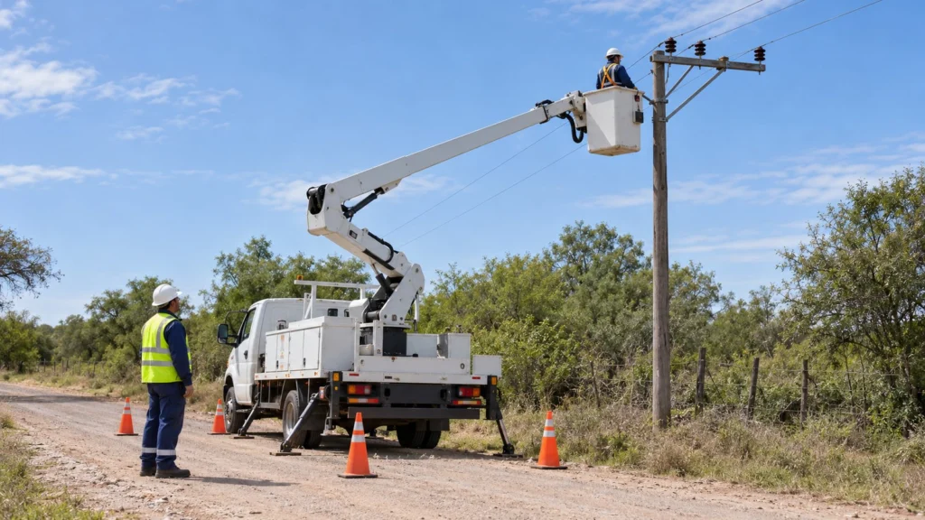 Un trabajador inspecciona una línea eléctrica rural desde una canasta elevadora, mientras otro supervisa junto a un camión estabilizado y conos.
