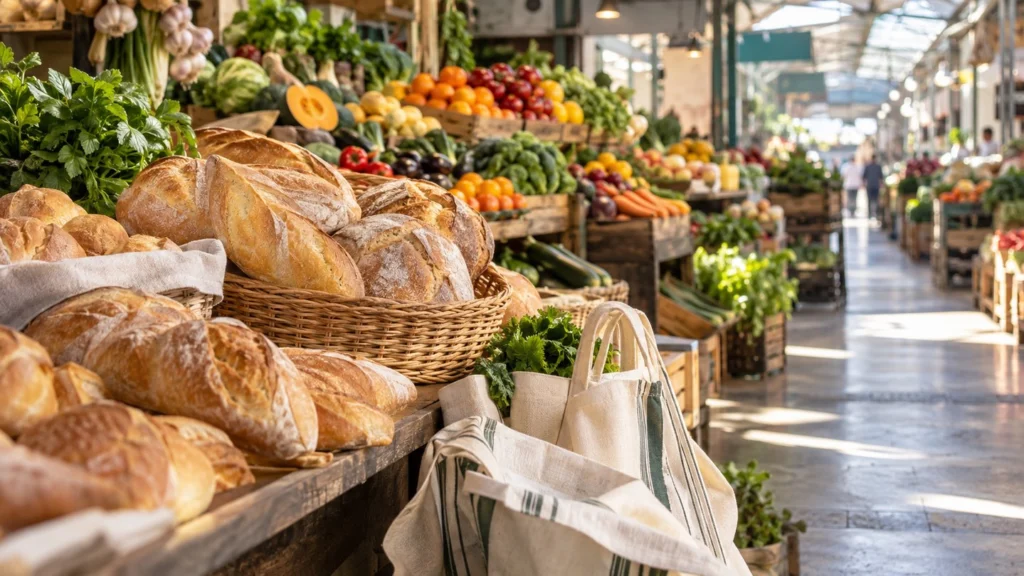 Panes, bolsas de tela y cajones de frutas y verduras en un mercado genérico.