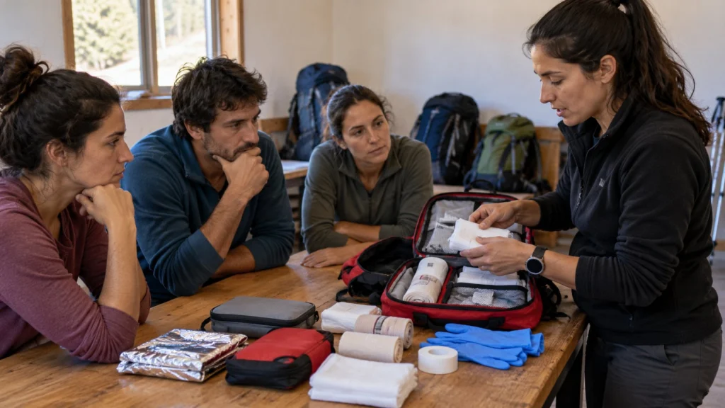 Grupo de adultos observa materiales de un botiquín durante una capacitación recreada con IA