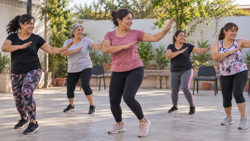 Cinco mujeres adultas participan de una clase de baile en un patio comunitario ficticio
