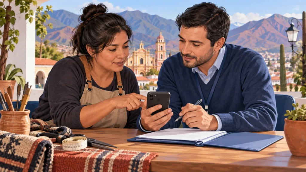 Ilustración de dos personas revisando un perfil de trabajo en un teléfono junto a herramientas de oficio.