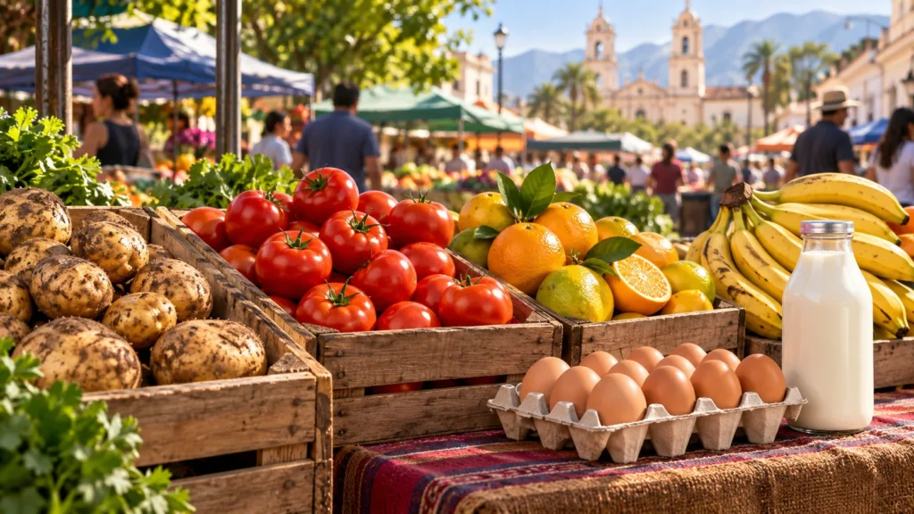 Ilustración de frutas, verduras y alimentos en un puesto de feria.