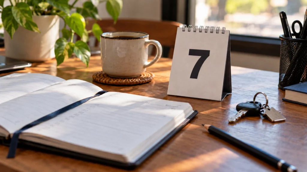 Calendario de escritorio con el número siete, agenda y llaves sobre una mesa.