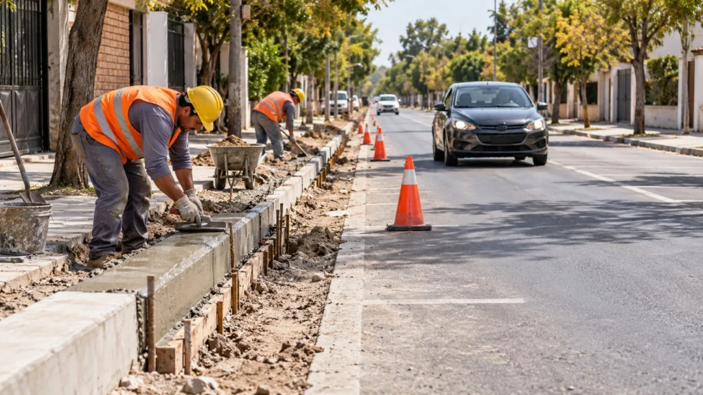 Trabajadores construyen un cordón junto a una calle señalizada donde circula un auto.