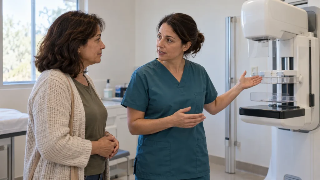 Una mujer conversa con una profesional de salud junto a un equipo de mamografía