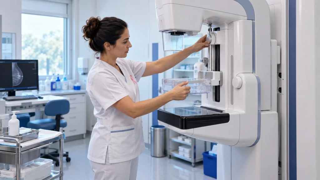 Una técnica ajusta un equipo de mamografía en una sala de diagnóstico