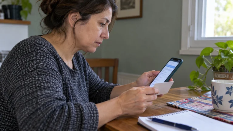 Una mujer ficticia consulta su teléfono mientras sostiene una tarjeta sin datos visibles.