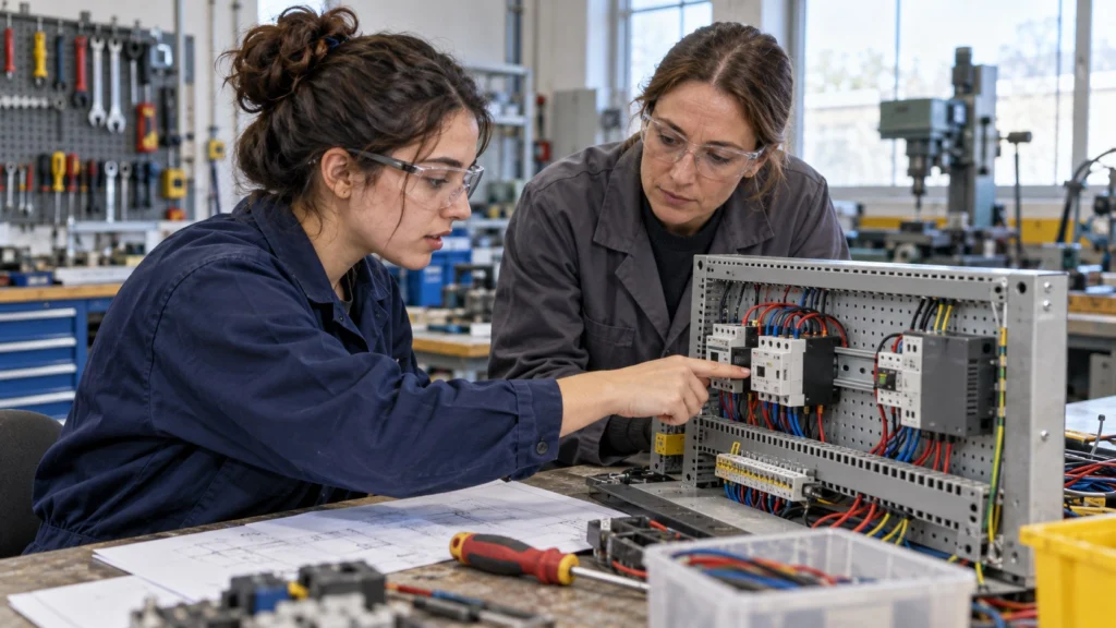Dos adultas con gafas de protección revisan juntas un tablero eléctrico en un taller recreado