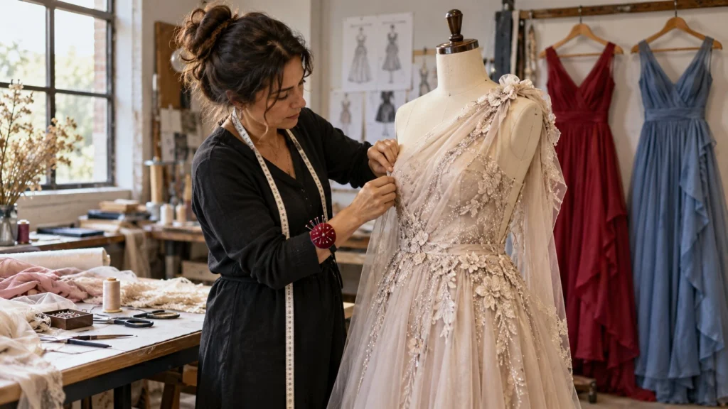 Diseñadora ajustando un vestido sobre un maniquí en un taller de confección.