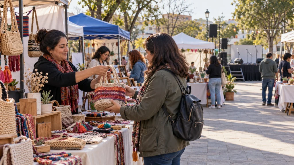 Una artesana muestra un bolso tejido a una visitante en una feria con un escenario preparado al fondo