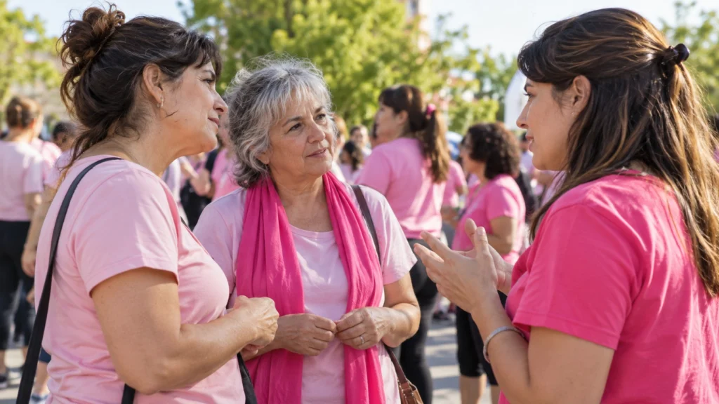 Mujeres con prendas rosas conversan durante un encuentro comunitario recreado con IA