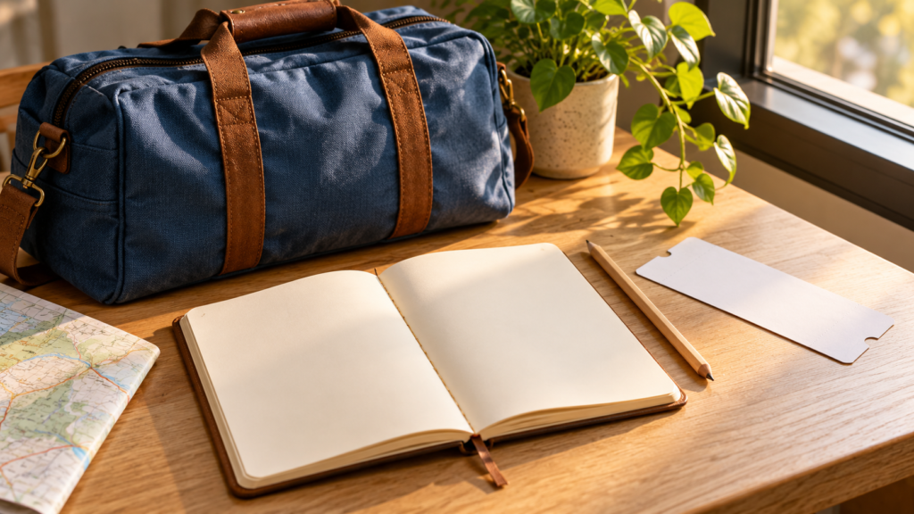 Bolso de viaje azul, cuaderno abierto, lápiz y billete en blanco sobre una mesa.