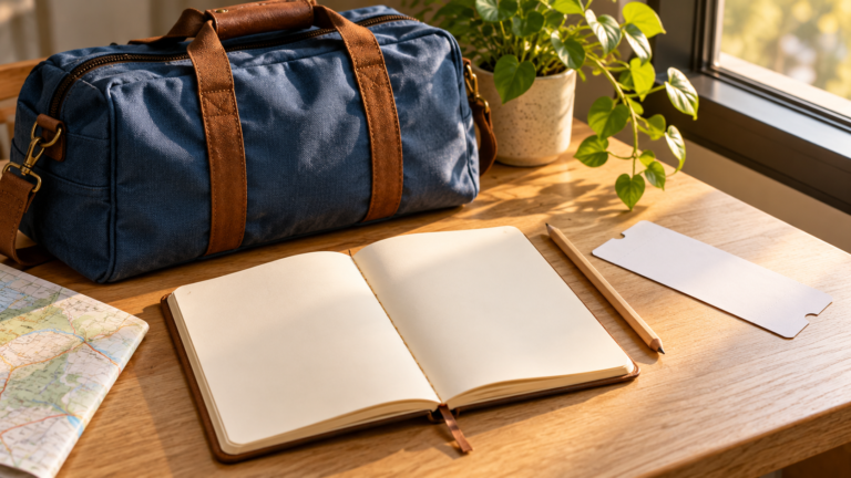 Bolso de viaje azul, cuaderno abierto, lápiz y billete en blanco sobre una mesa.