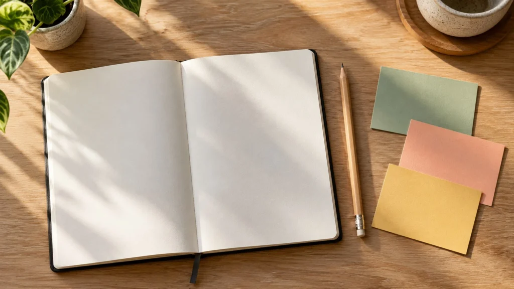 Cuaderno abierto, lápiz y tarjetas de colores sobre una mesa, en una ilustración generada con IA.