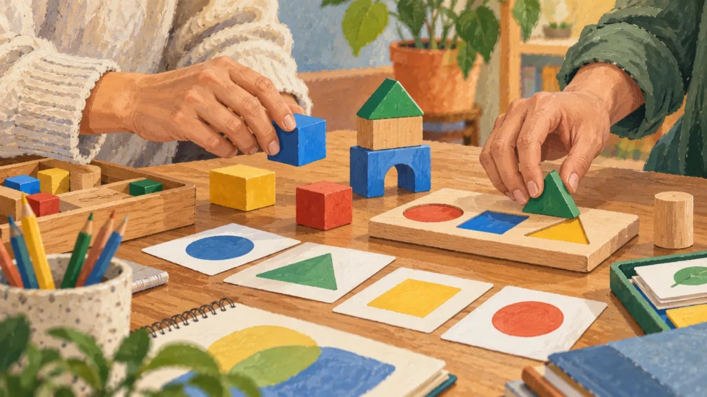 Ilustración generada con IA de manos adultas trabajando con bloques y tarjetas de formas sobre una mesa.