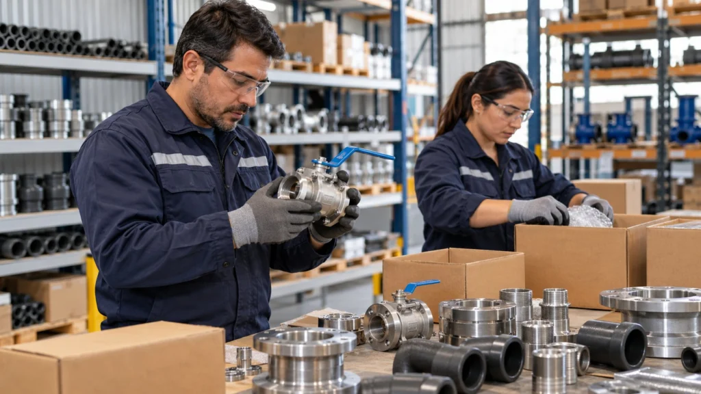 Dos trabajadores revisan una válvula y preparan el embalaje de piezas industriales en un almacén.