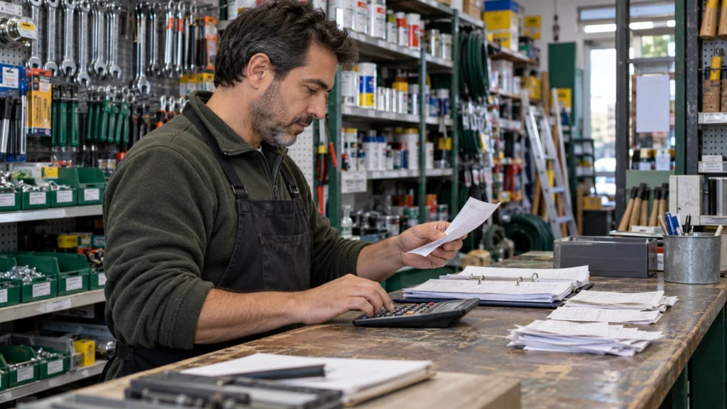 Un comerciante revisa comprobantes con una calculadora en el mostrador de una ferretería