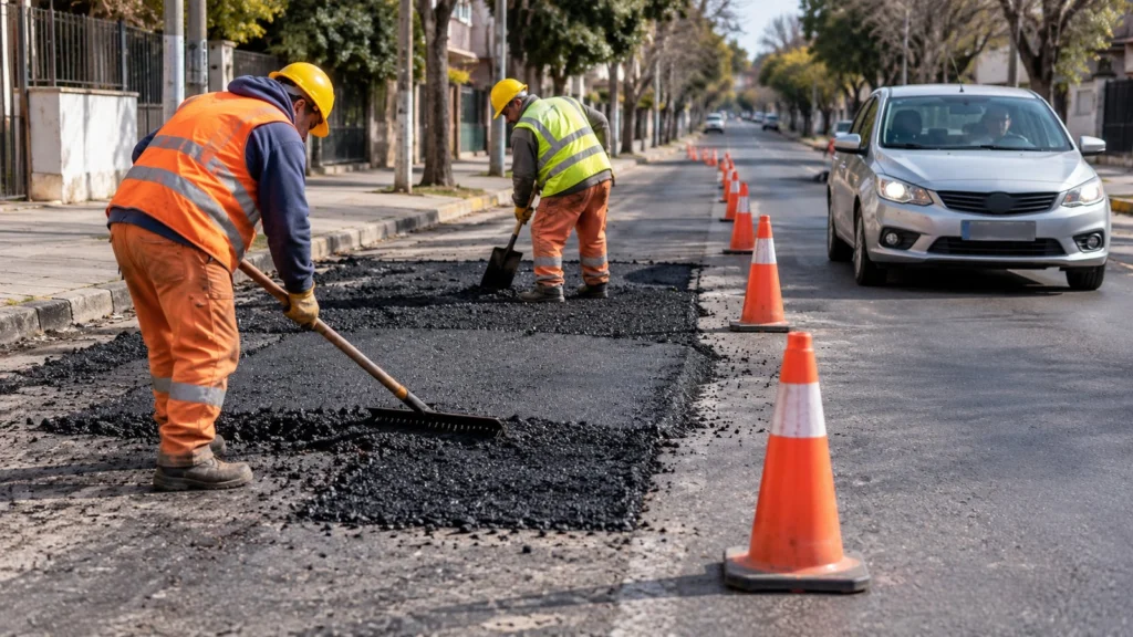 Dos trabajadores reparan el asfalto de una mitad de una calle, delimitada con conos, mientras un automóvil circula por el carril libre.