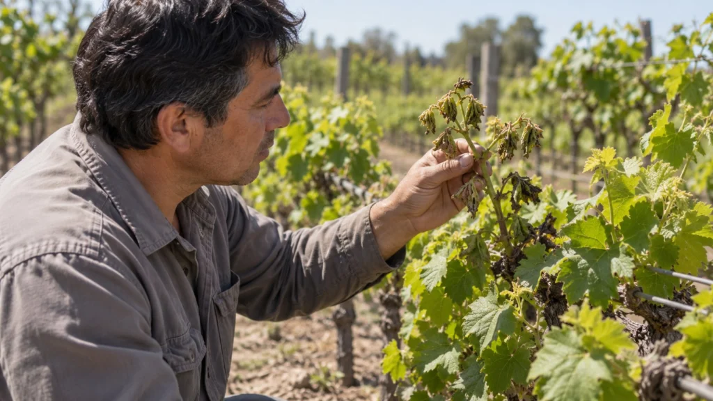 Un agricultor ficticio examina un brote marchito entre plantas de vid.