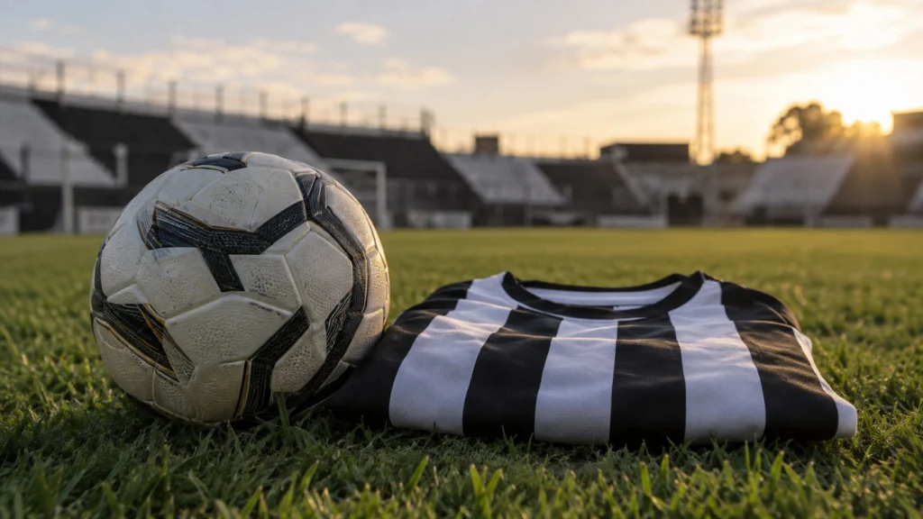 Pelota de fútbol y camiseta genérica de franjas negras y blancas sobre césped.