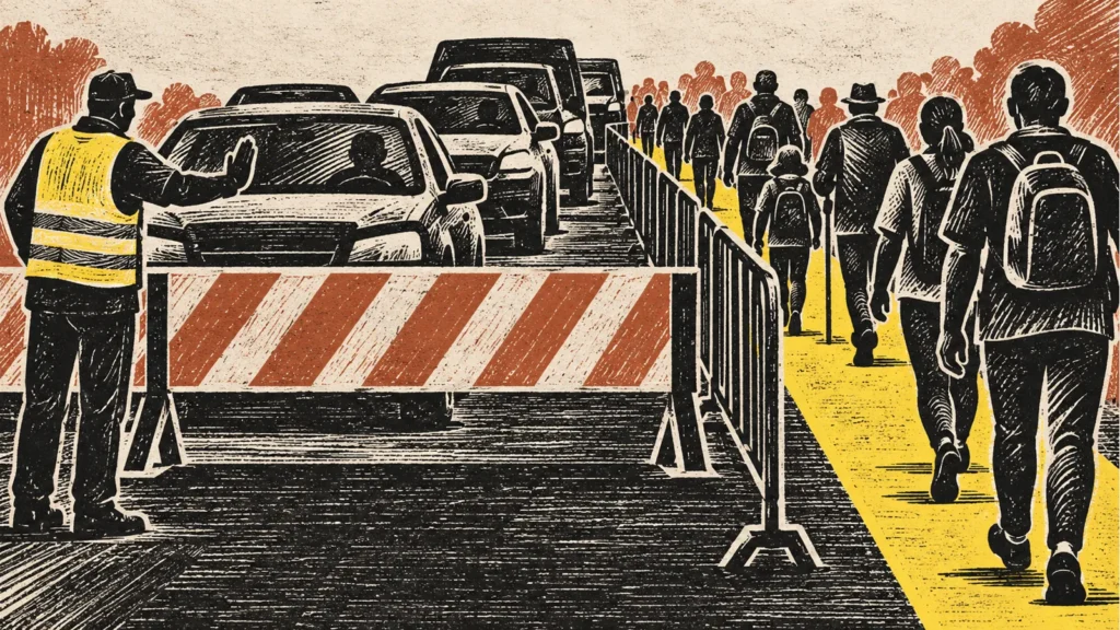 Ilustración editorial conceptual: una barrera detiene autos mientras permanece abierto un paso peatonal durante el operativo de tránsito.
