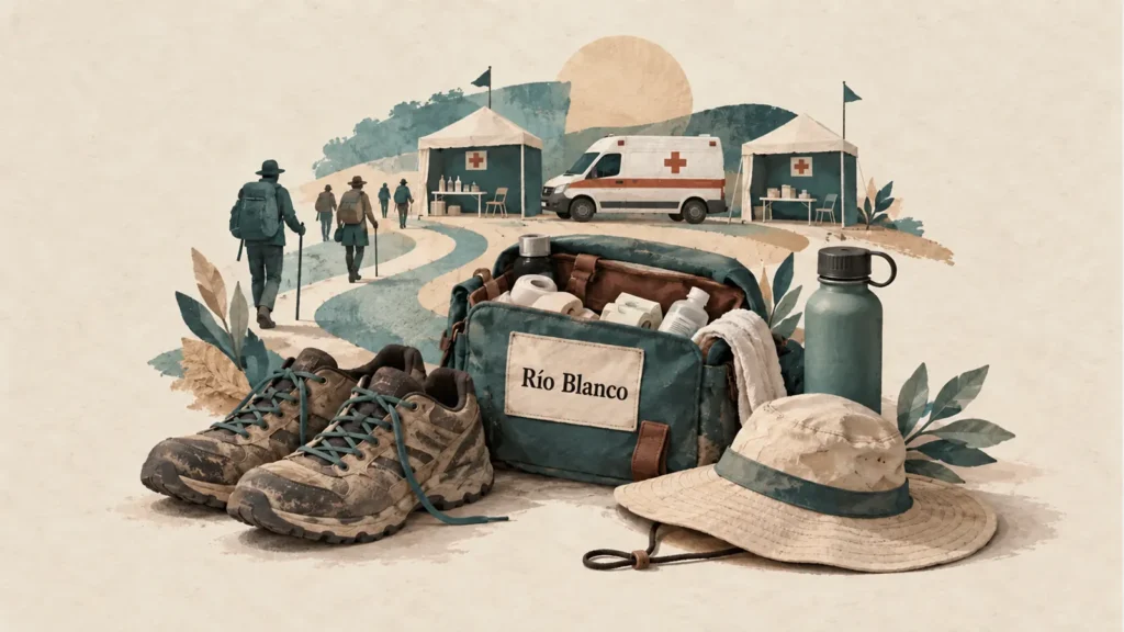 Ilustración editorial de peregrinos ante dos puestos médicos y una ambulancia; delante hay calzado, bolso de asistencia, sombrero y agua, con etiqueta «Río Blanco».
