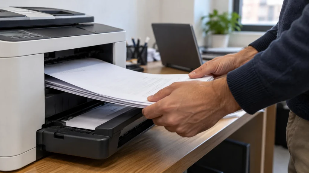 Manos retirando hojas de una impresora junto a una computadora