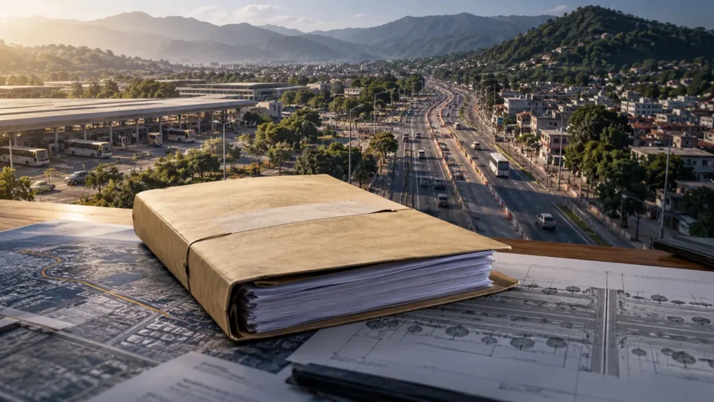 Ilustración editorial de una carpeta con documentos y planos de una ruta urbana, sobre la licitación de la Ruta 9 de Jujuy.